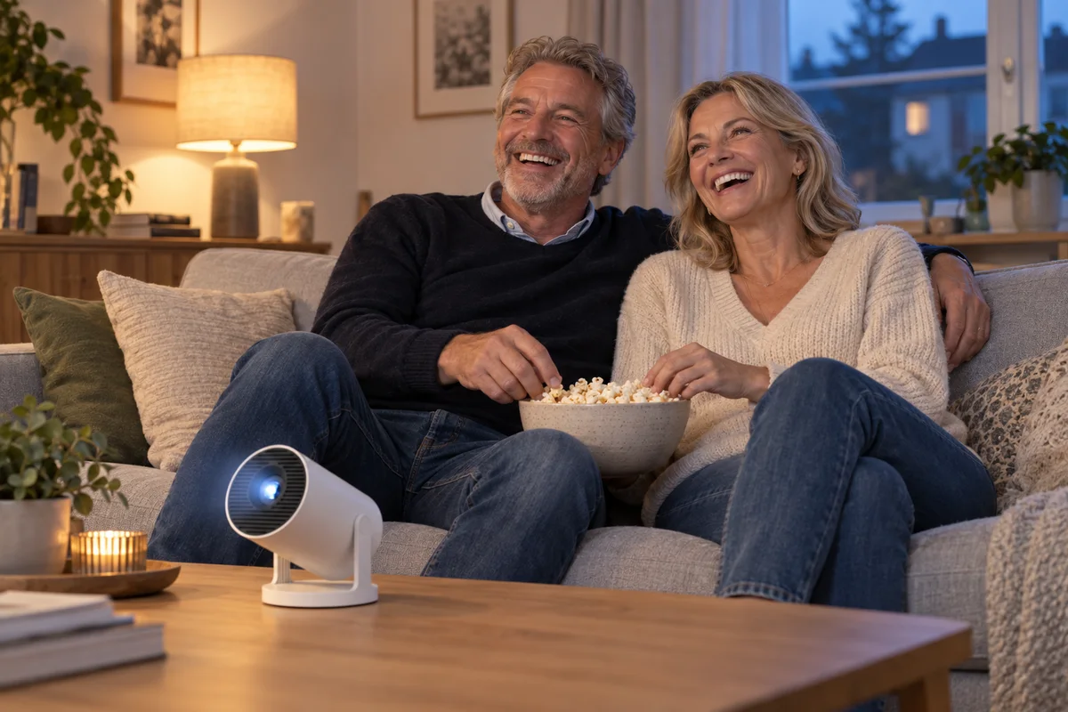 A couple in their fifties laugh at a film on the sofa, a bowl of popcorn between them and a small white projector on the coffee table