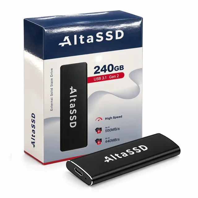 The AltaSSD portable SSD, a slim black drive