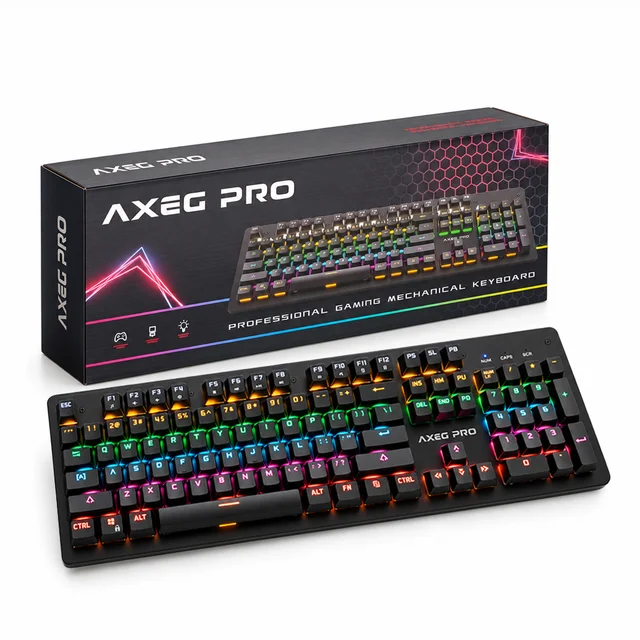 The AXEG Pro Keyboard, a full-size gaming keyboard with rainbow key lighting