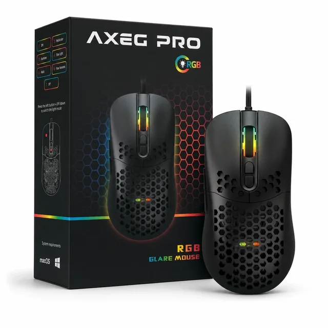 The AXEG Pro Mouse, a black gaming mouse with a honeycomb shell