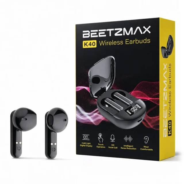 A pair of black BeetzMax wireless earbuds