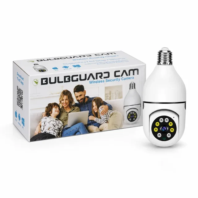The BulbGuard Cam light bulb camera, a white camera head on a screw-in bulb base