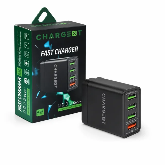 The ChargeXT fast charger, a black wall plug with four USB ports