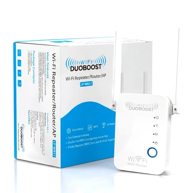 The WiFi DuoBoost booster, a white plug-in unit with two antennas