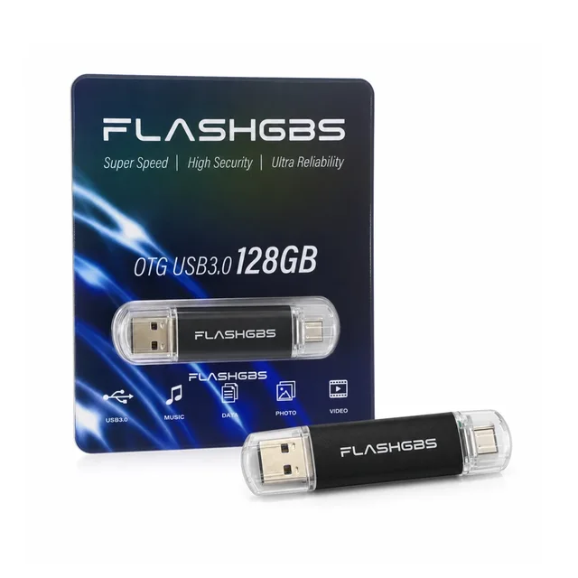 The FlashGBS photo stick in black, with a USB-A plug at one end and a USB-C plug at the other