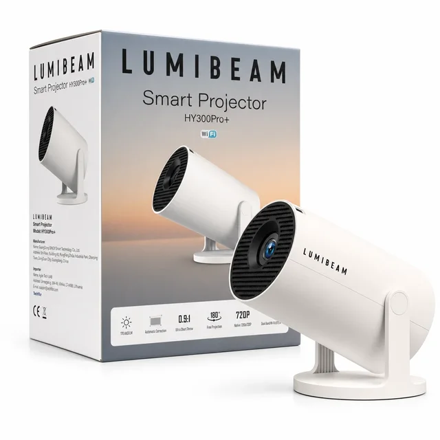 The LumiBeam mini projector in white, with a round head that turns on its base