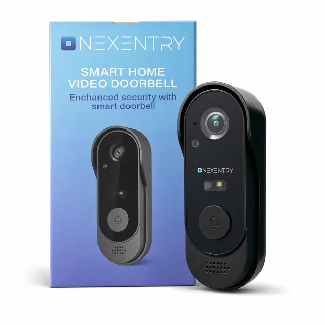 The Nexentry video doorbell, a slim black unit with the camera above the call button