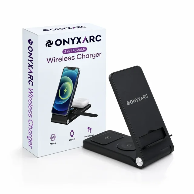 The OnyxArc three-in-one wireless charging station in black