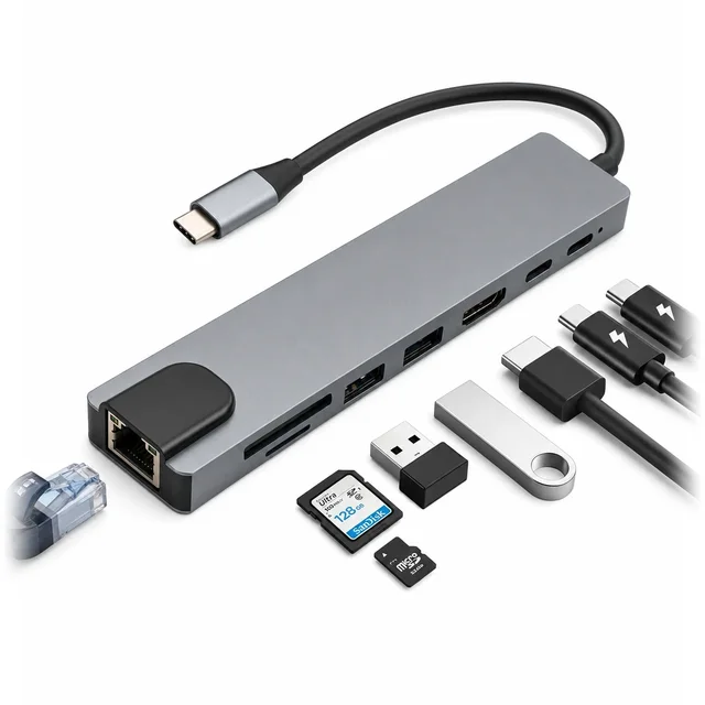 The PrismPort USB-C hub, a slim grey aluminium bar with eight ports