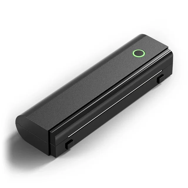 The ThermaGo inkless printer, a slim black bar with a green power light