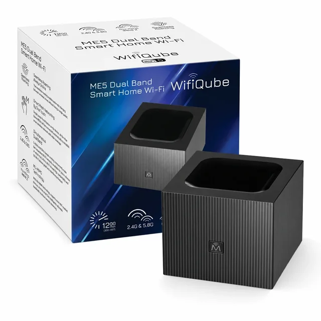The WifiQube mesh WiFi system, dark grey cube units